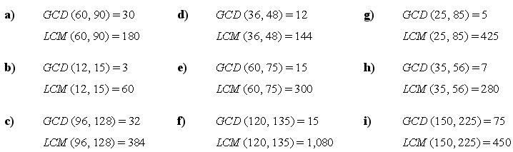 The least common multiple and greatest common divisor - Answers to Exercise 1